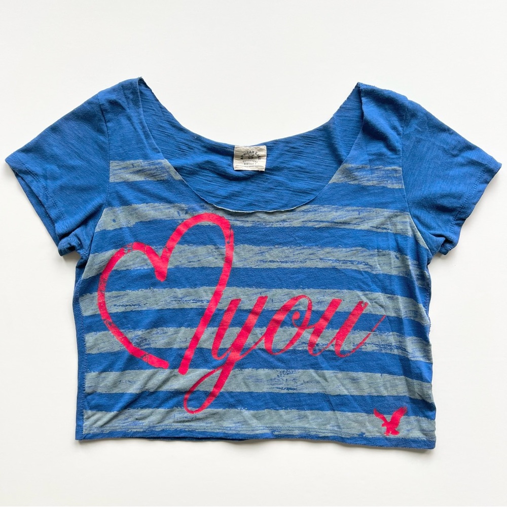 American Eagle Outfittters Blue and Red Cropped T-Shirt, Small